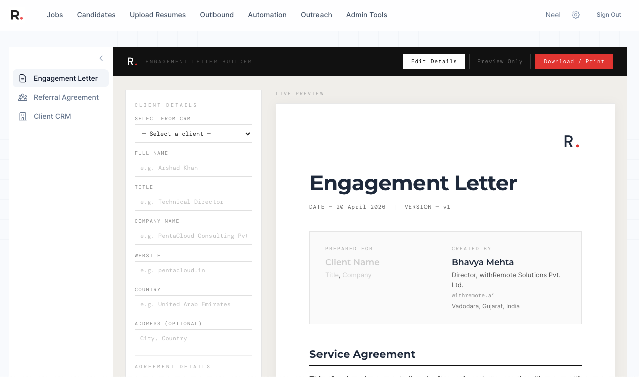 Admin Tools — engagement letter builder, referral agreements, client CRM
