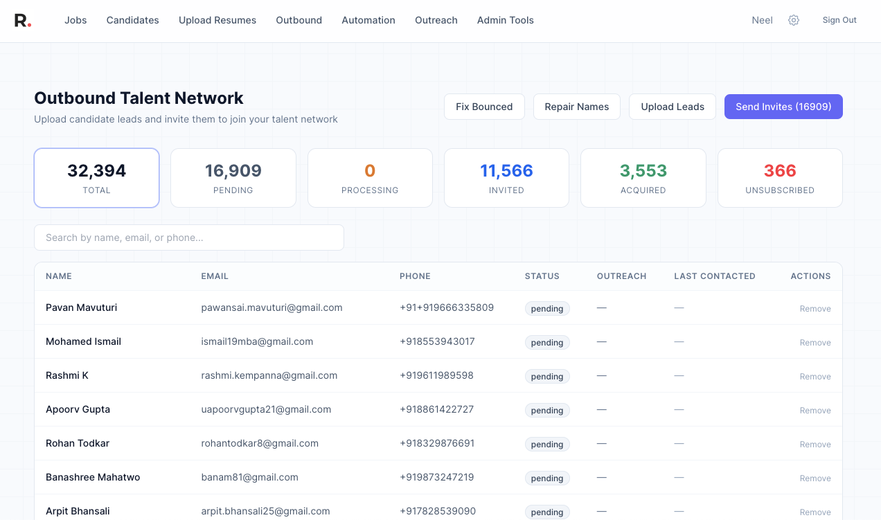 Outbound Talent Network — upload leads and invite them to join