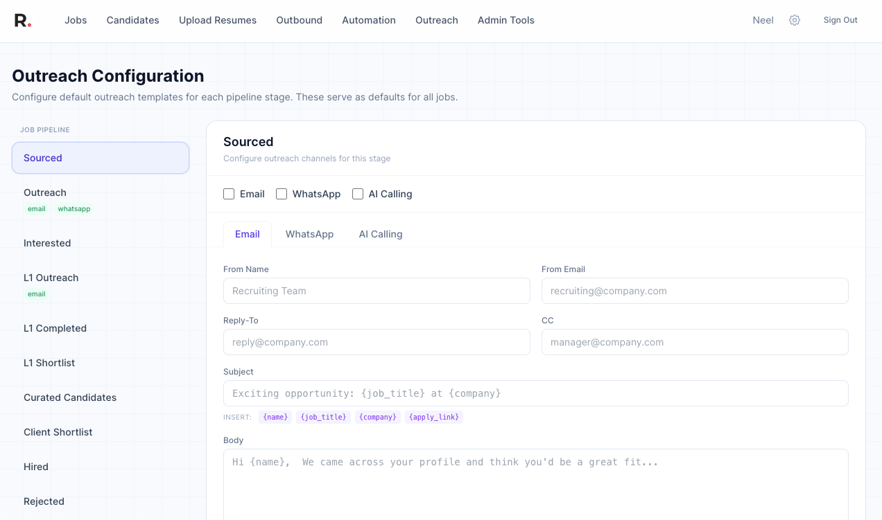 Outreach Configuration — default templates per pipeline stage