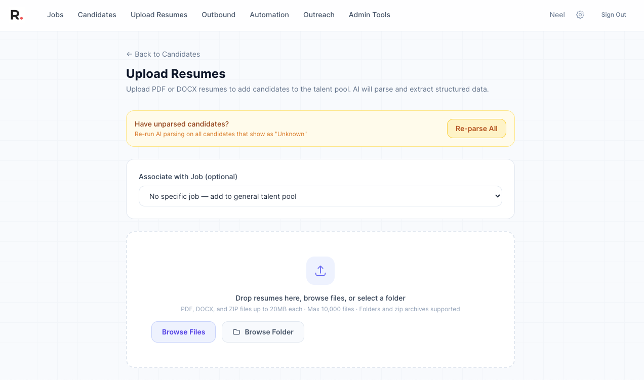 Upload Resumes — drop PDF or DOCX resumes for AI parsing
